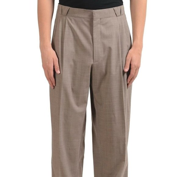 Versace Men's Beige Wool Pleated Dress Pants